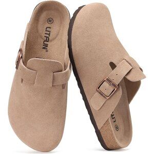 Women's Taupe Genuine Suede Clogs Soft Footbed Leather Comfort Slip On Shoes